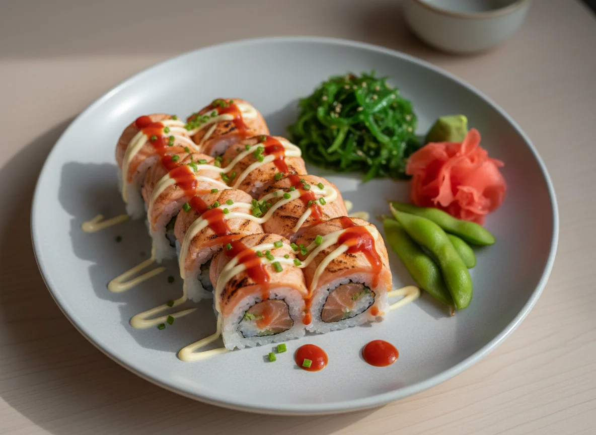 Flamed Salmon Sushi Rollen photo