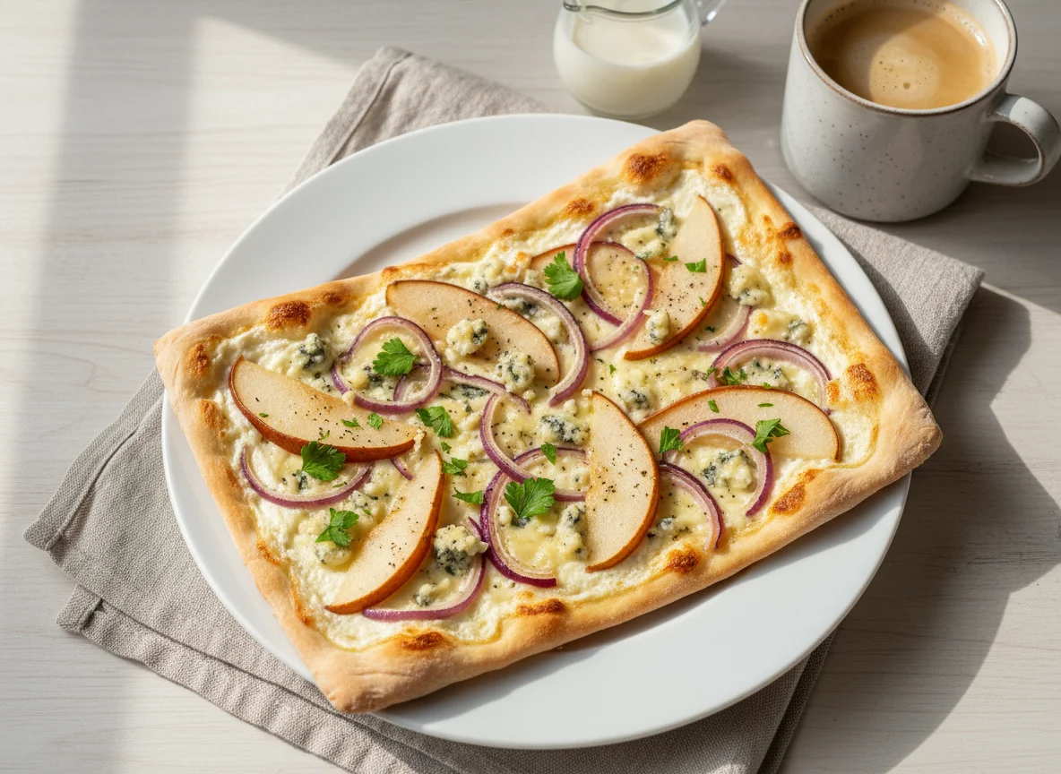 Flammkuchen mit Birne und Gorgonzola photo