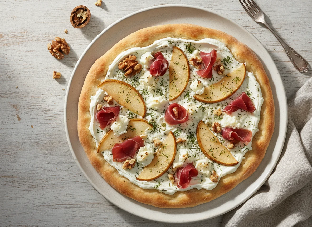 Flammkuchen mit Birne, Ziegenkäse, Walnüssen und Schinken photo