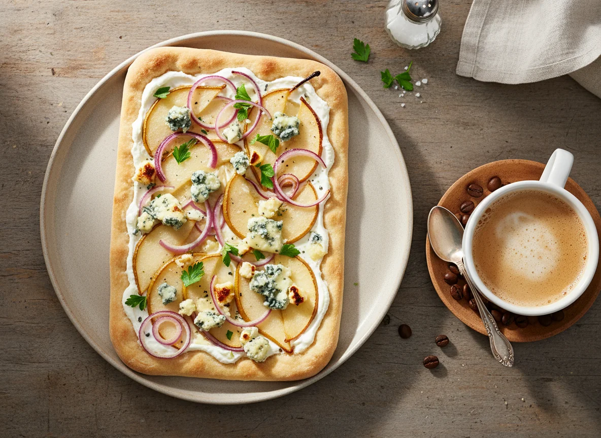 Flammkuchen mit Birne, Zwiebeln und Blauschimmelkäse photo