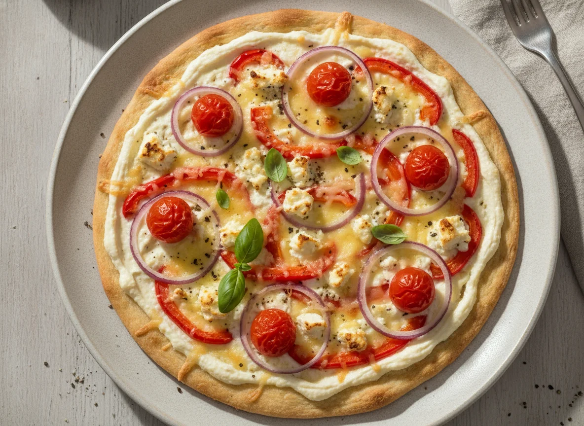 Flammkuchen mit Feta, Paprika und Zwiebeln photo