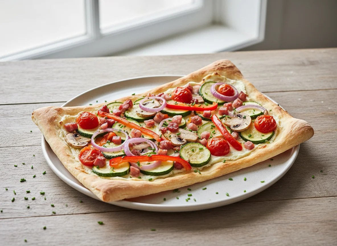 Flammkuchen mit Gemüse und Speck photo