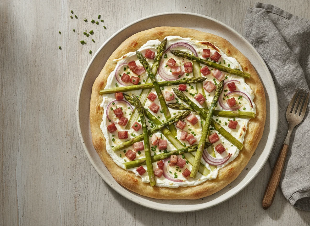 Flammkuchen mit grünem Spargel und Speck photo