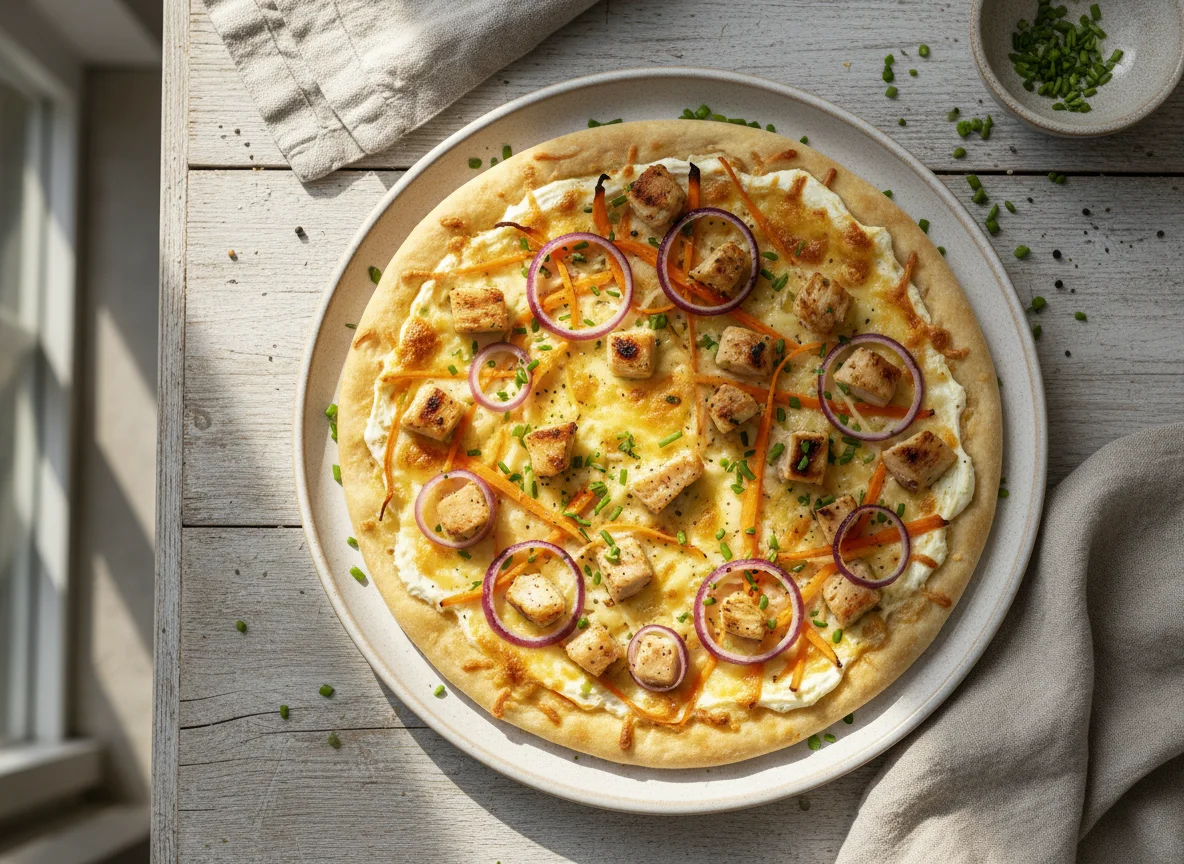 Flammkuchen mit Hähnchen und Gemüse photo