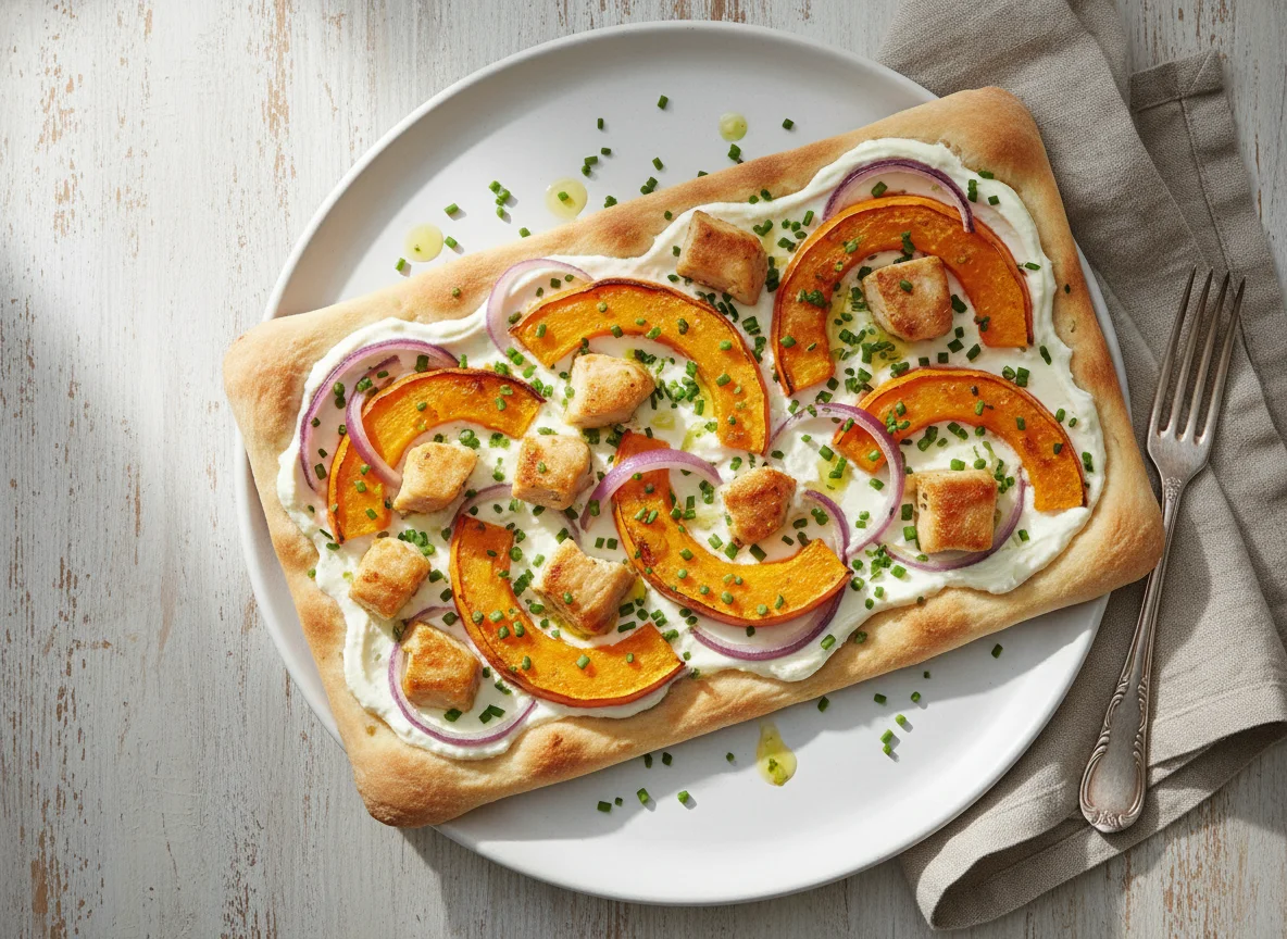 Flammkuchen mit Hähnchen und Kürbis photo