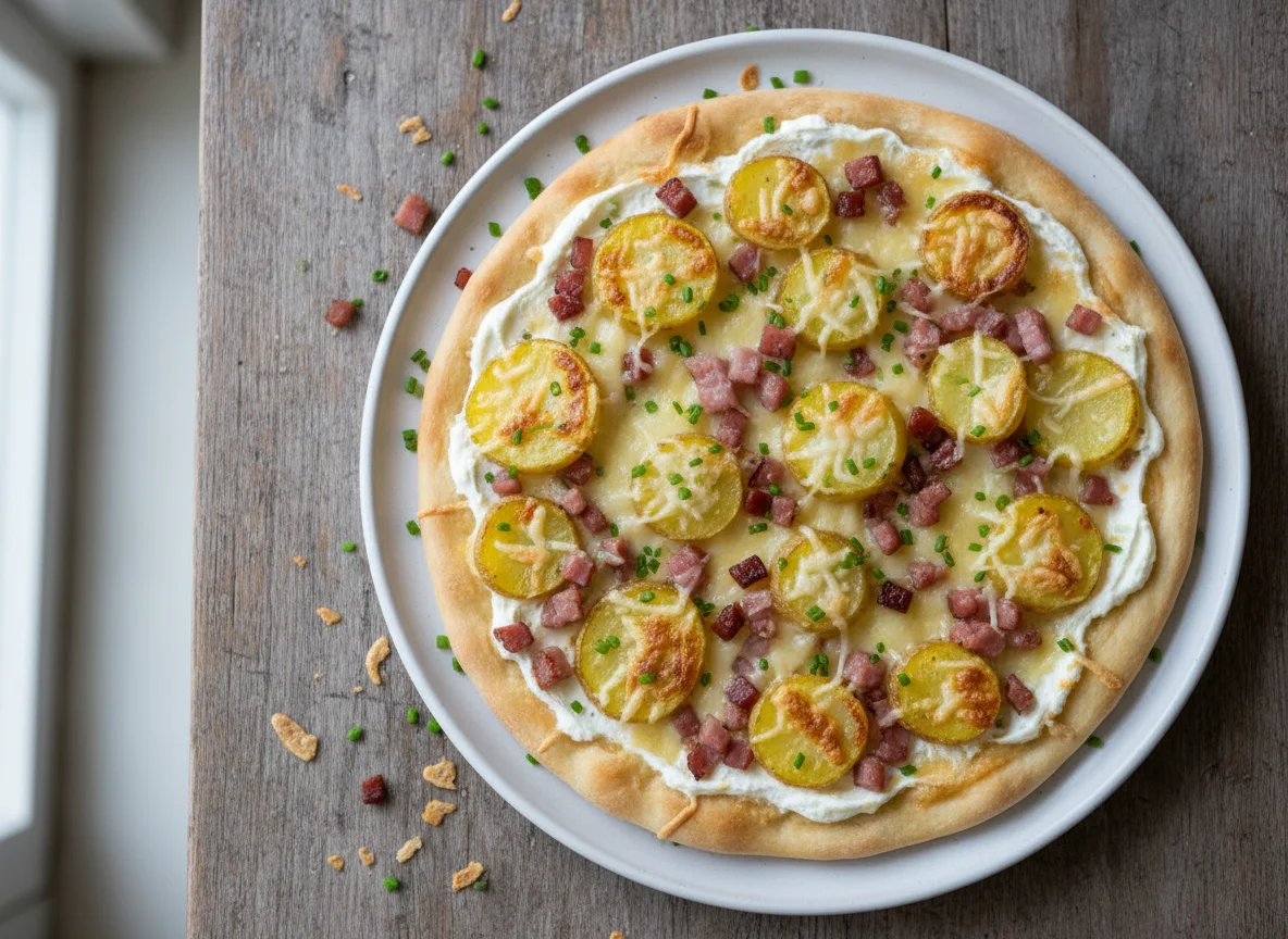 Flammkuchen mit Kartoffeln und Speck photo
