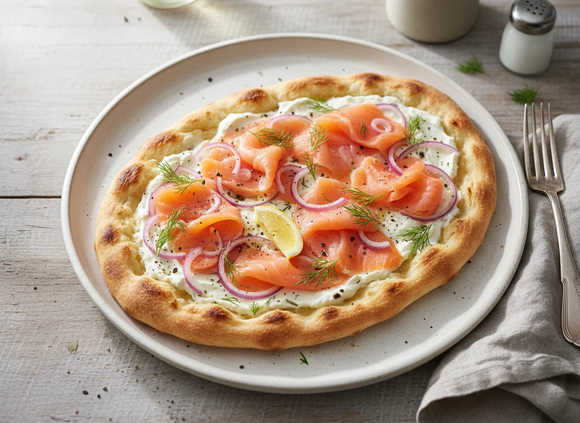 Flammkuchen mit Lachs und Frischkäse photo