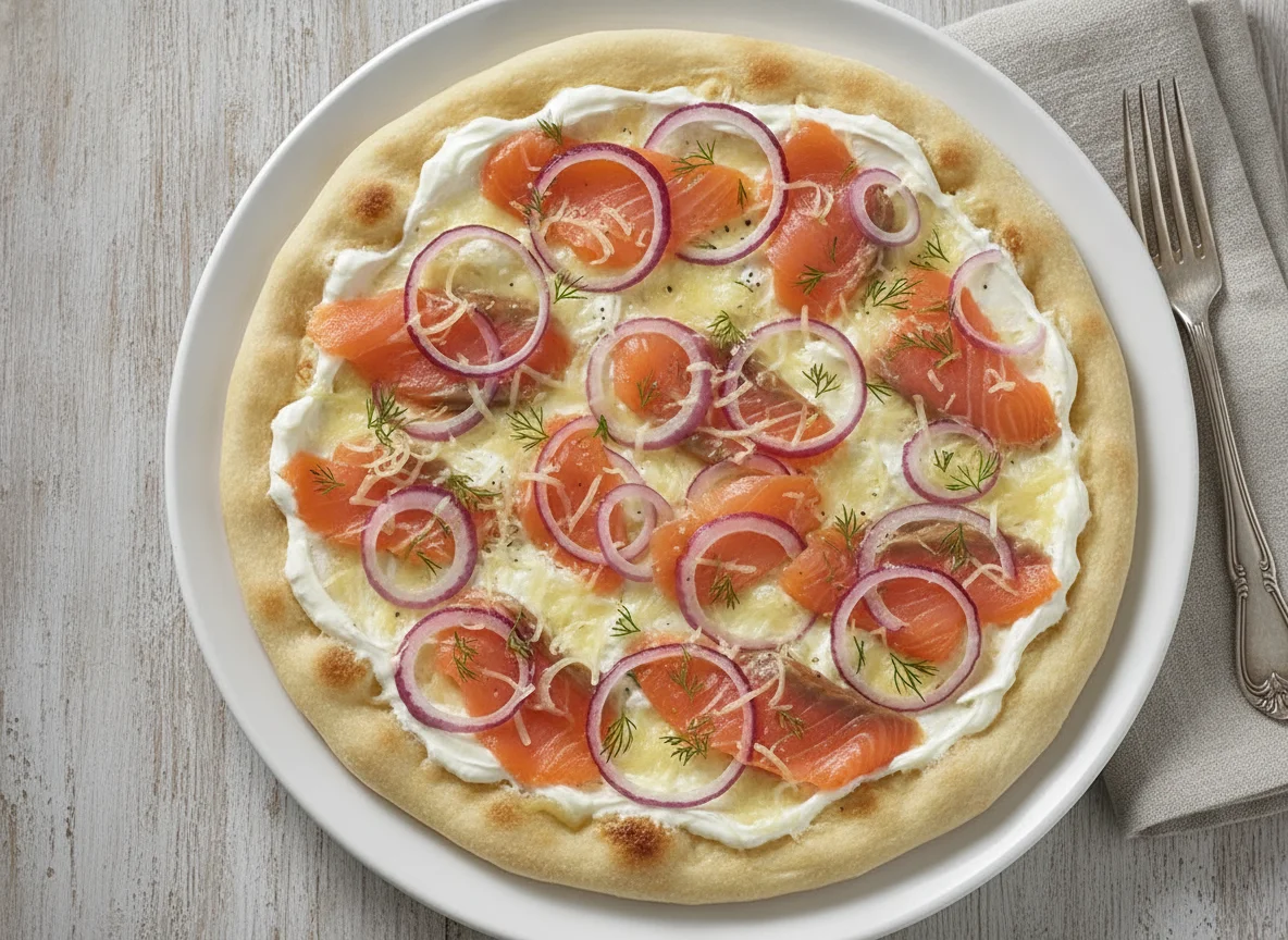 Flammkuchen mit Lachs und roten Zwiebeln photo