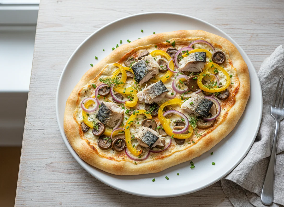 Flammkuchen mit Makrelenfilet und Pilzen photo