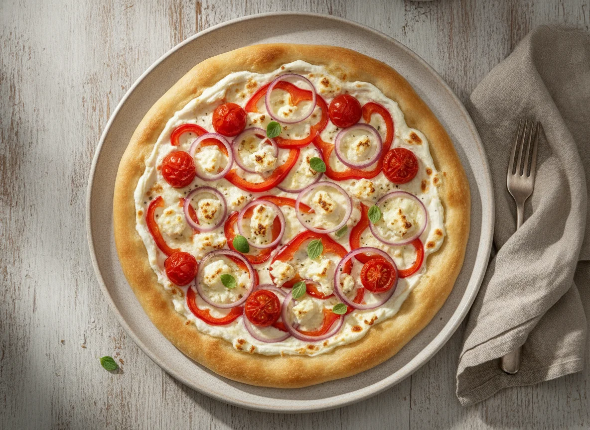 Flammkuchen mit Paprika, Zwiebeln und Feta photo