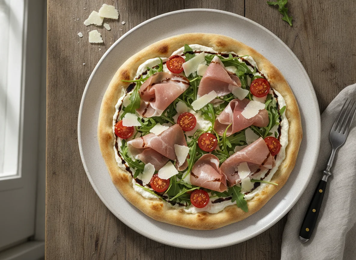 Flammkuchen mit Parmaschinken und Rucola photo