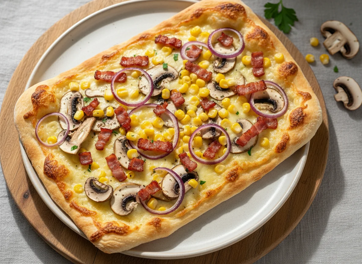 Flammkuchen mit Pilzen, Mais, Zwiebeln und Speck photo