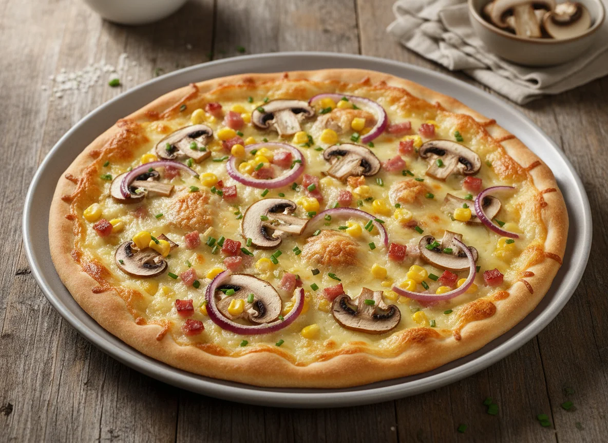 Flammkuchen mit Pilzen, Schinken und Mais photo