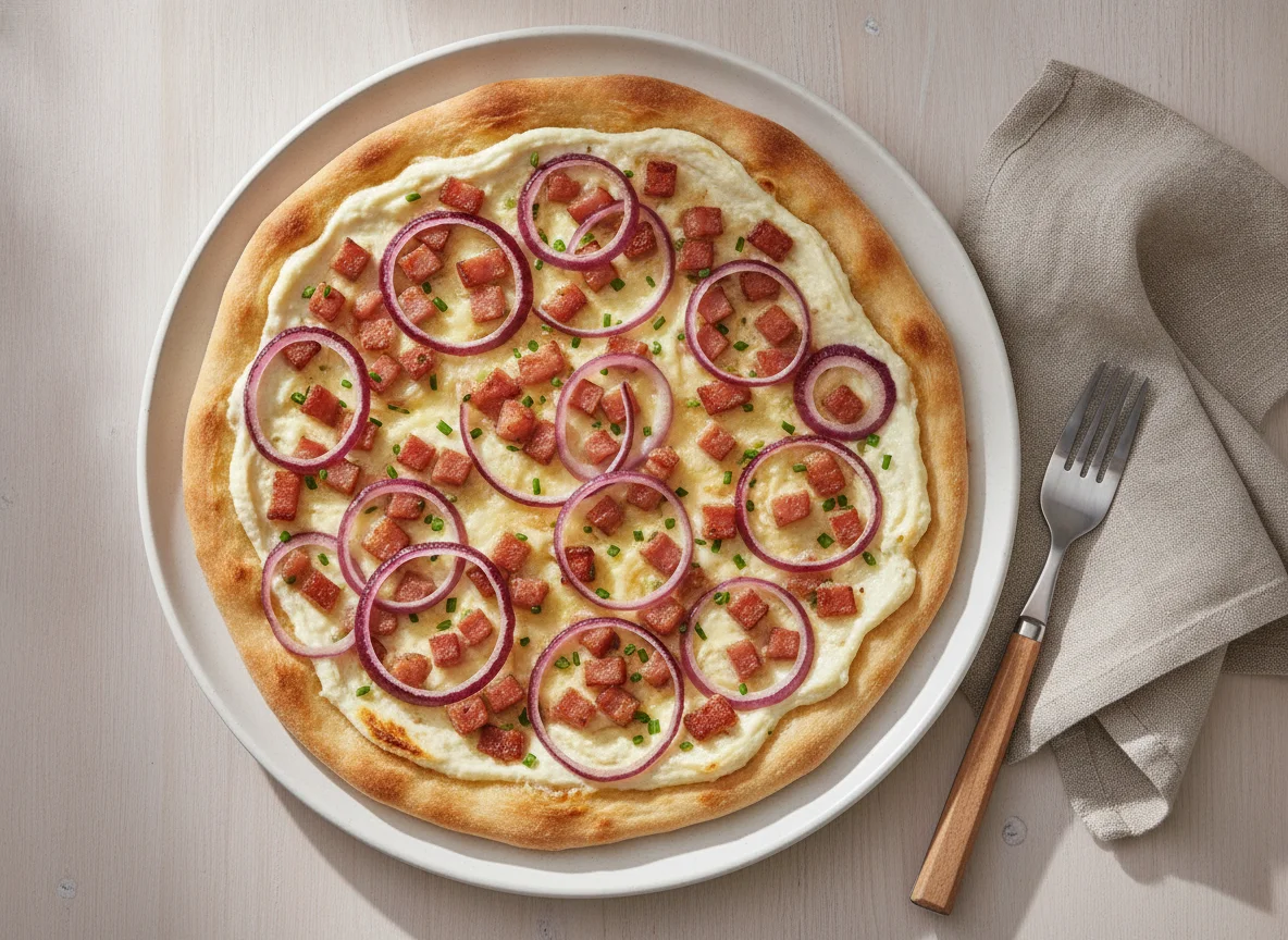 Flammkuchen mit roten Zwiebeln und Speck photo