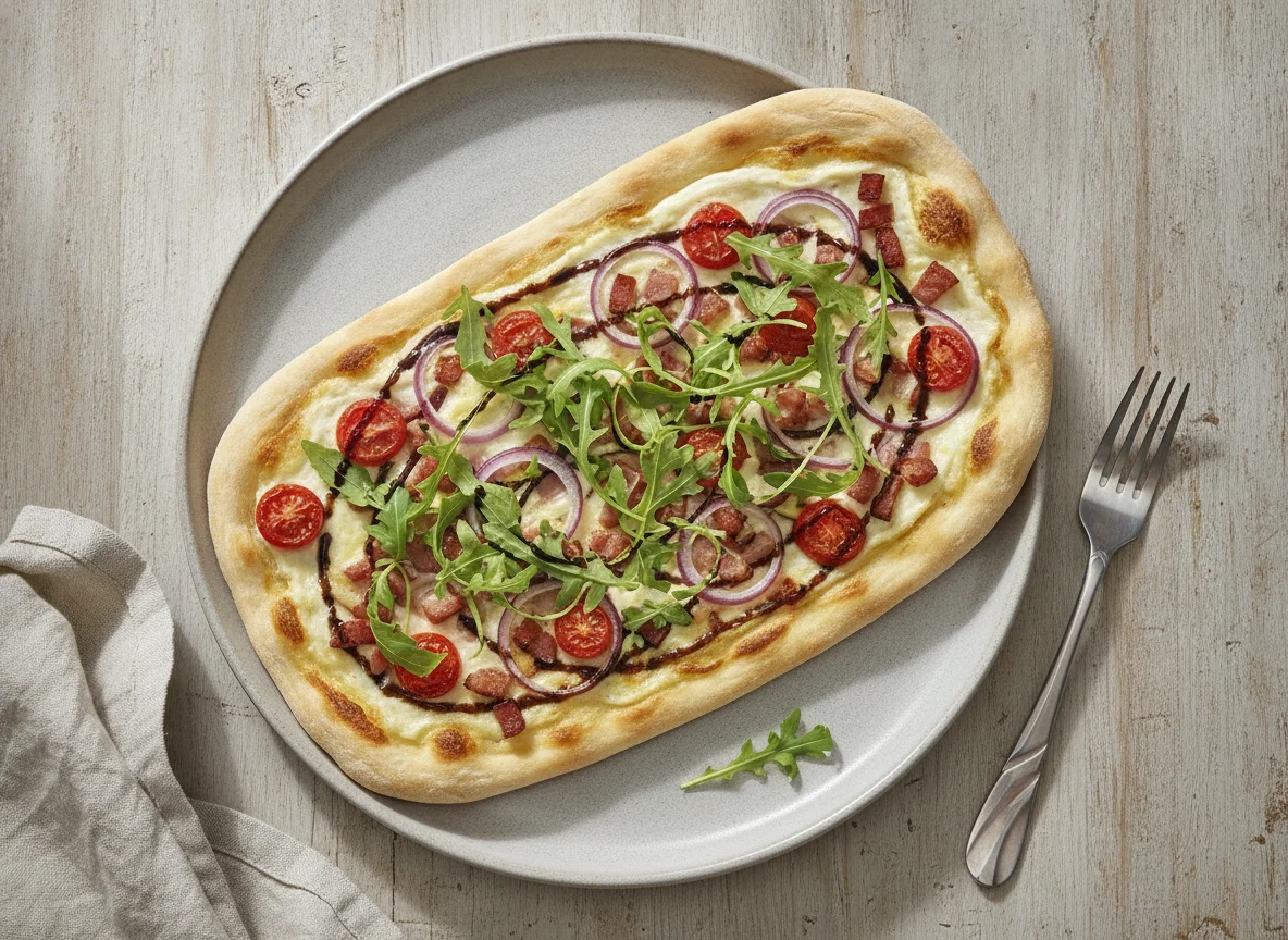 Flammkuchen mit Rucola und Kirschtomaten photo