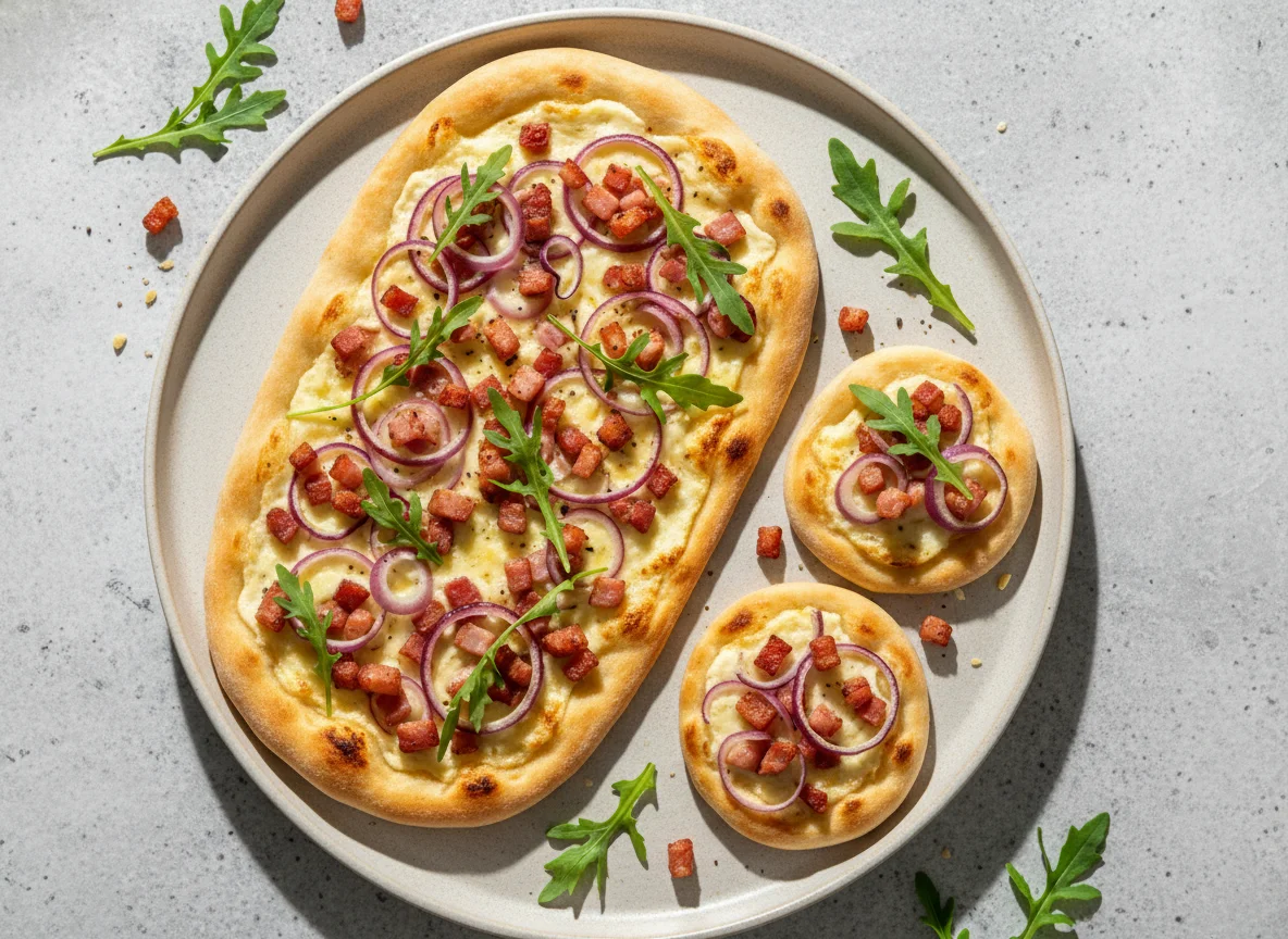 Flammkuchen mit Rucola und Mini-Flammkuchen photo