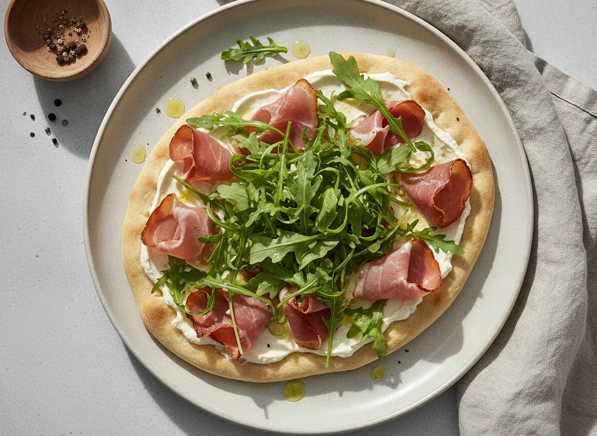 Flammkuchen mit Rucola und Schinken photo