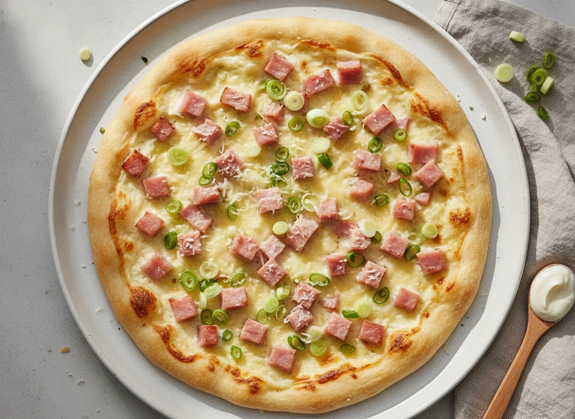 Flammkuchen mit Schinken und Frühlingszwiebeln photo