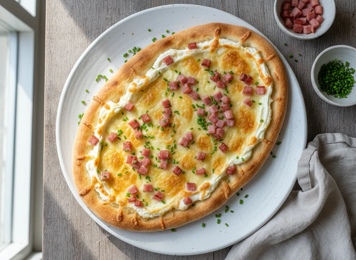 Flammkuchen mit Schinken und Käse photo