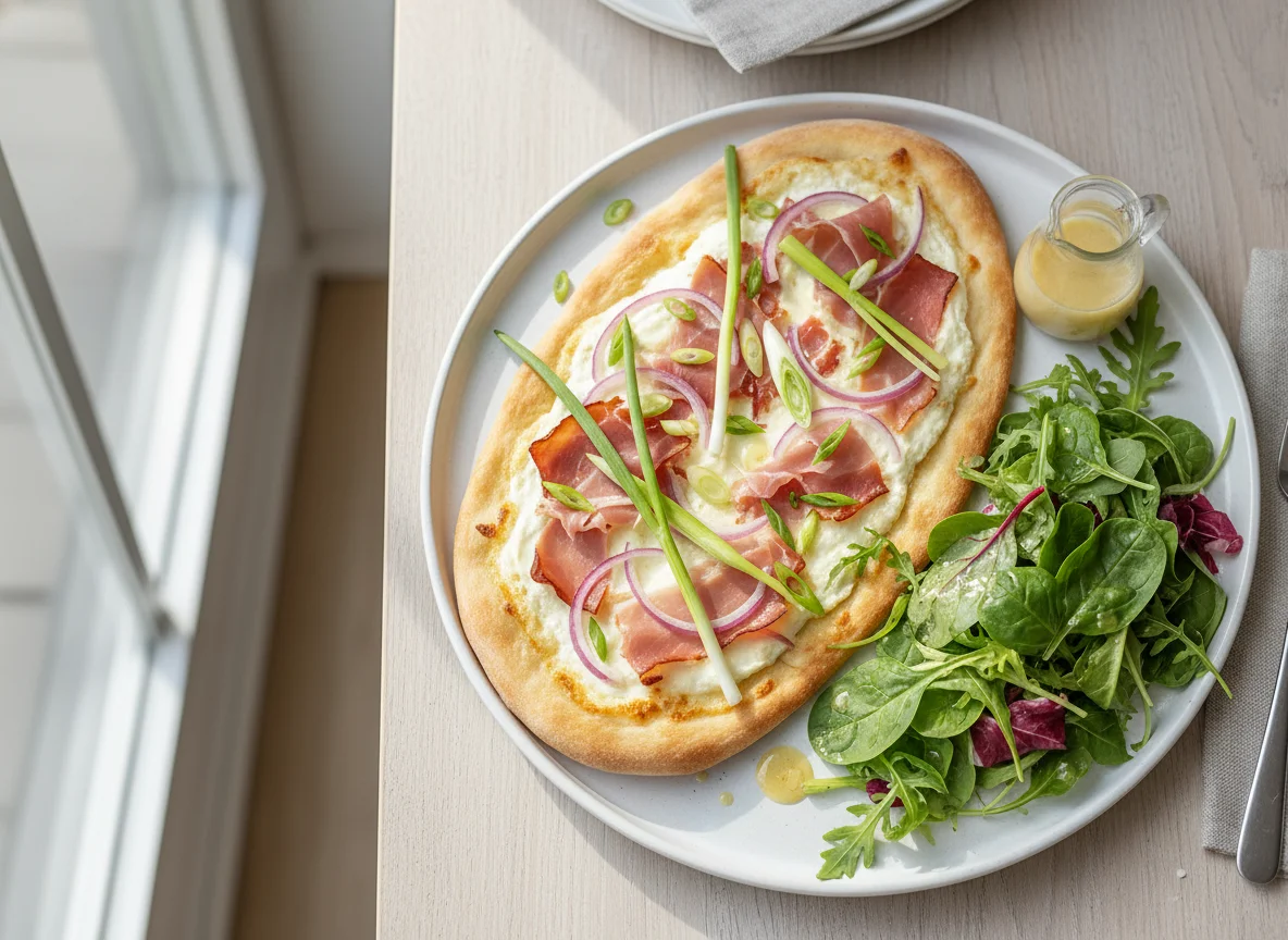 Flammkuchen mit Schinken und Salat photo