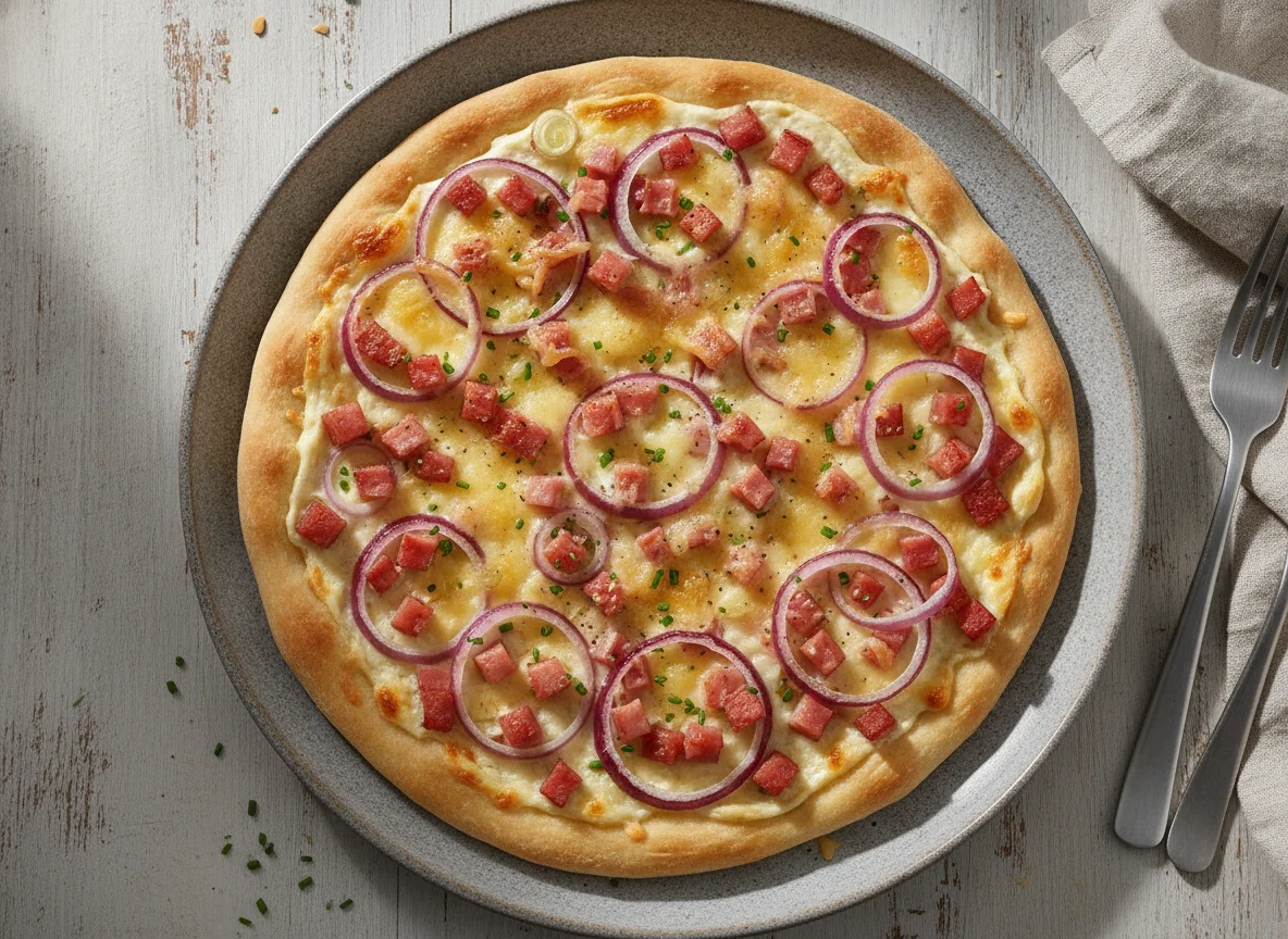 Flammkuchen mit Schinken und Zwiebeln photo