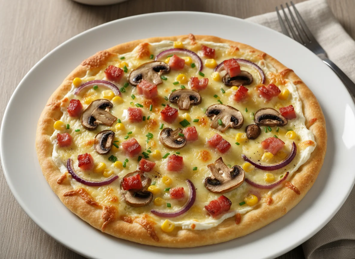 Flammkuchen mit Speck, Pilzen, Mais und Zwiebeln photo