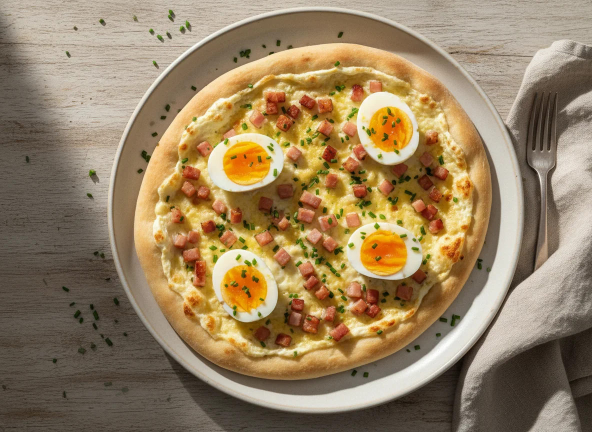 Flammkuchen mit Speck und Ei photo