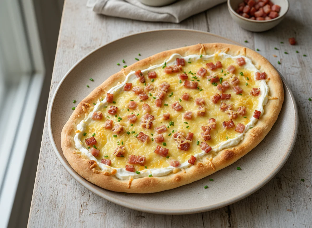 Flammkuchen mit Speck und Käse photo