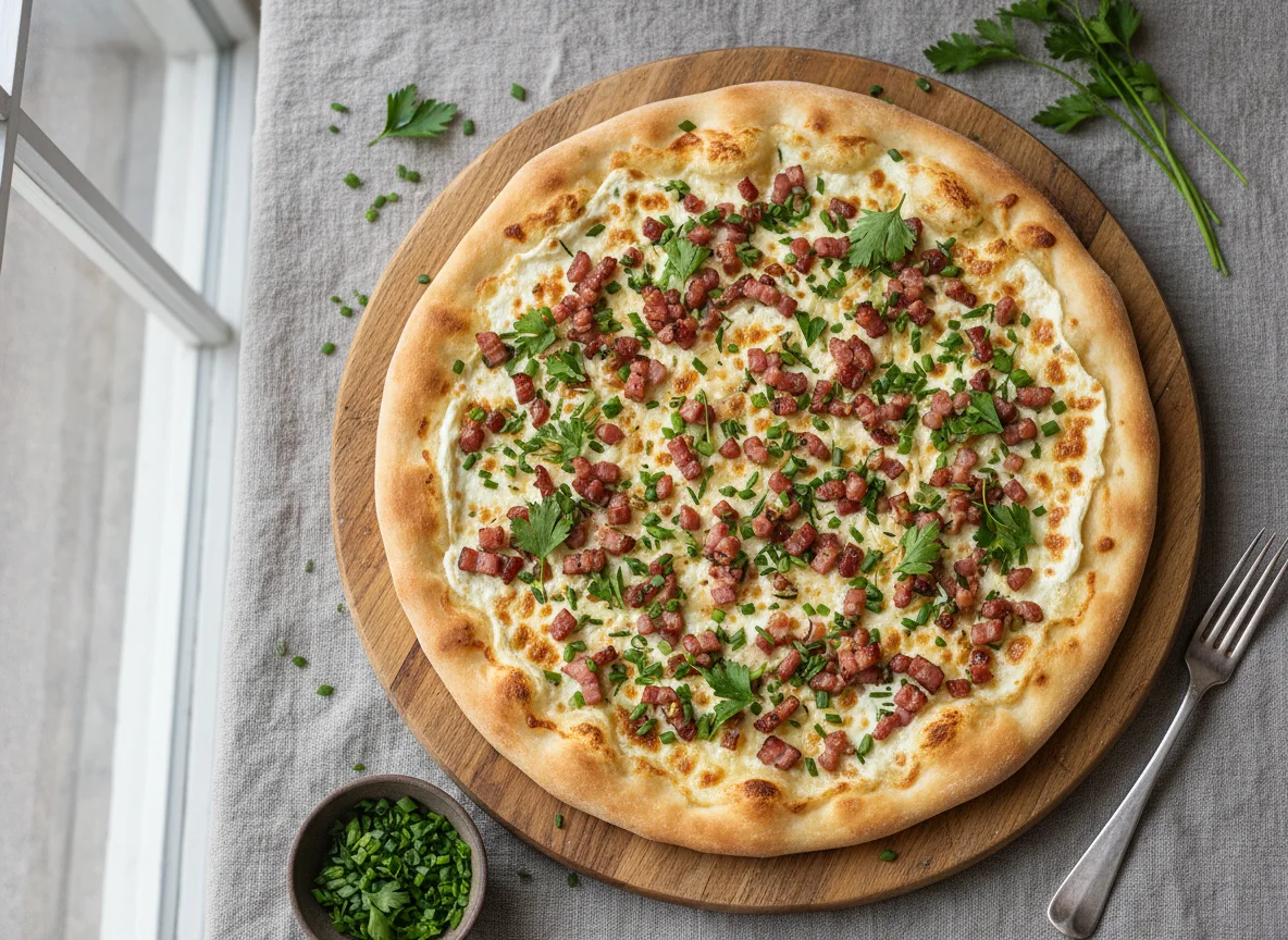 Flammkuchen mit Speck und Kräutern photo