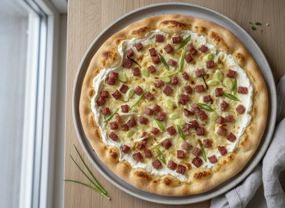 Flammkuchen mit Speck und Lauchzwiebeln photo