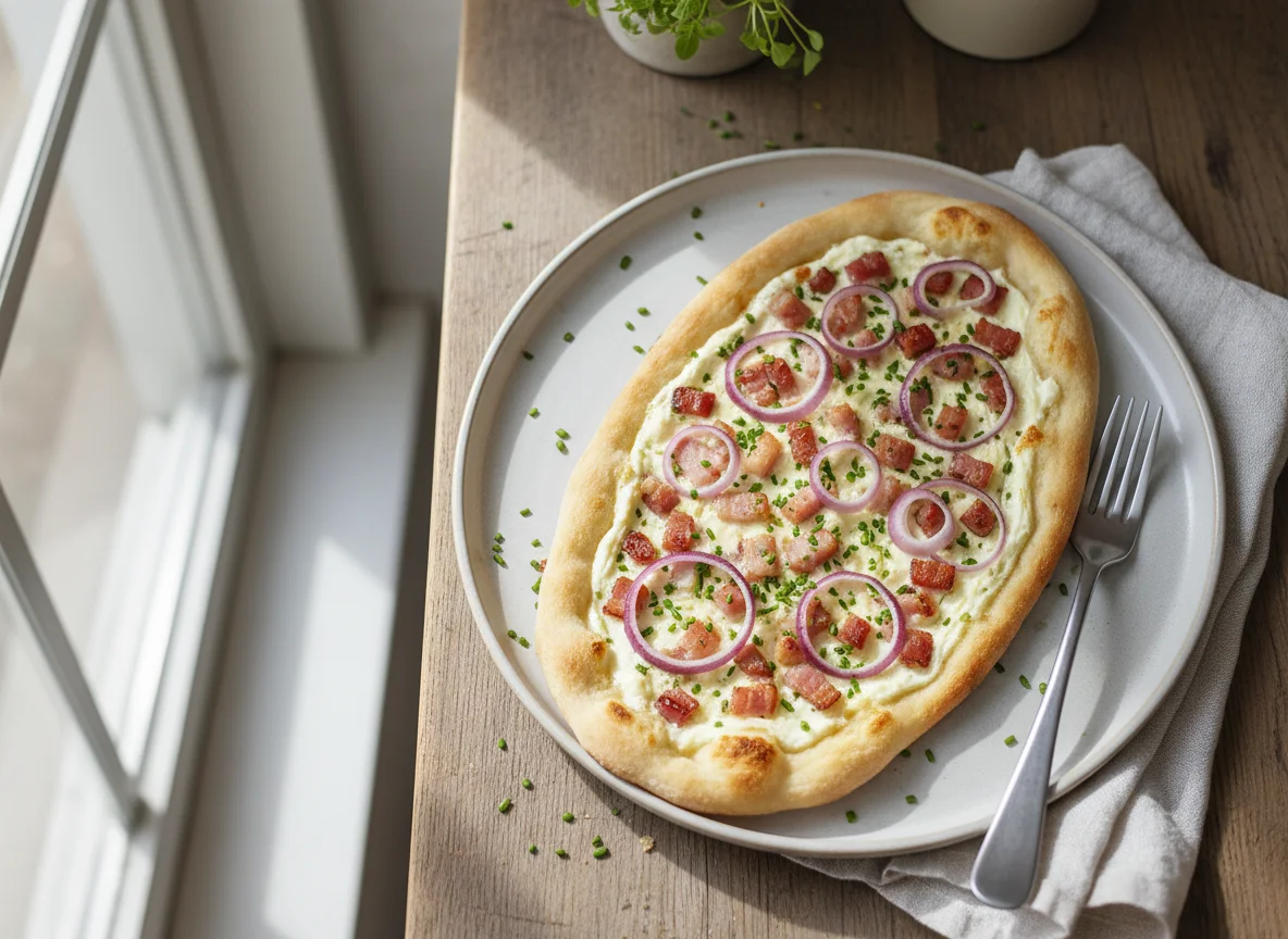 Flammkuchen mit Speck und roten Zwiebeln photo