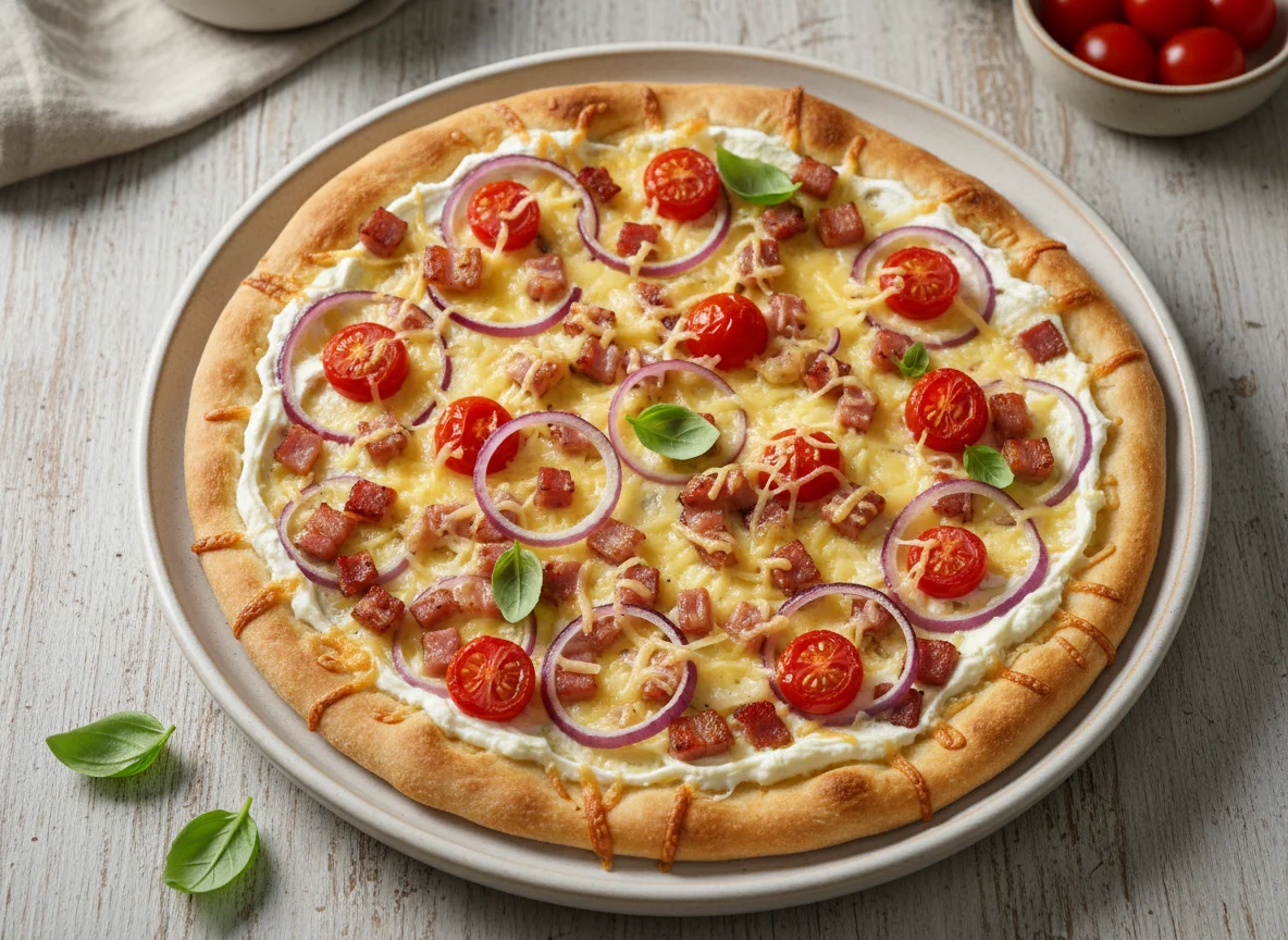 Flammkuchen mit Speck und Tomaten photo