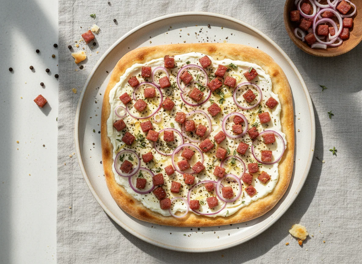 Flammkuchen mit Speck und Zwiebeln photo