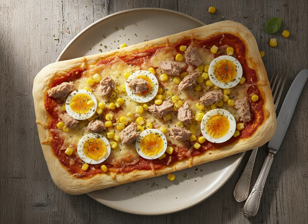 Flammkuchen mit Thunfisch, Mais und Ei photo