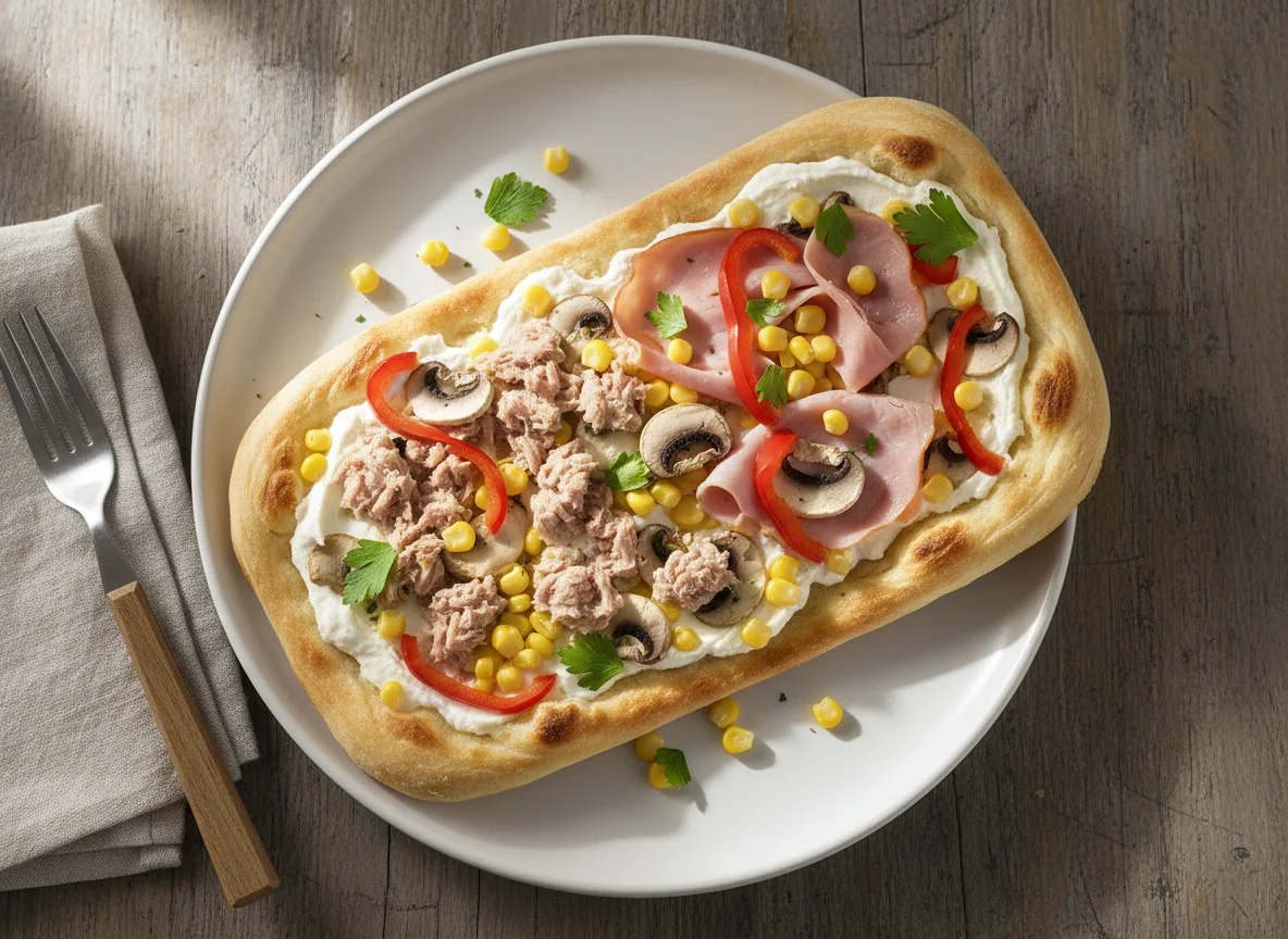 Flammkuchen mit Thunfisch und Schinken photo