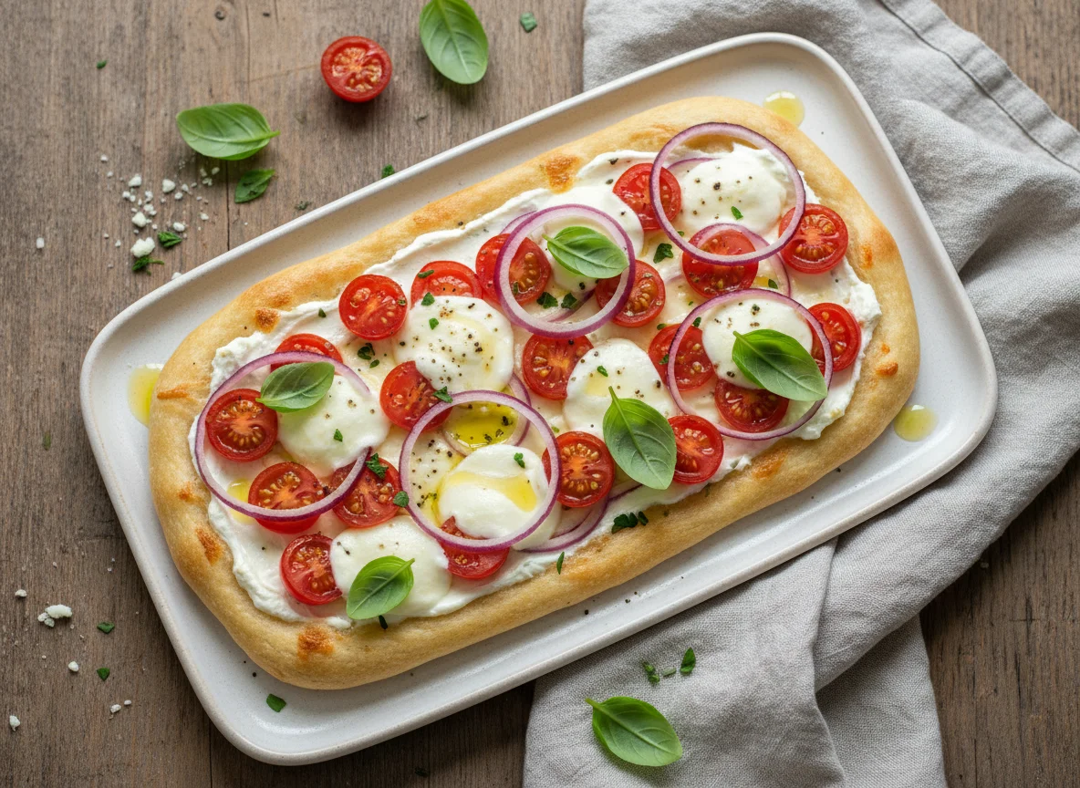 Flammkuchen mit Tomaten, Zwiebeln und Basilikum photo