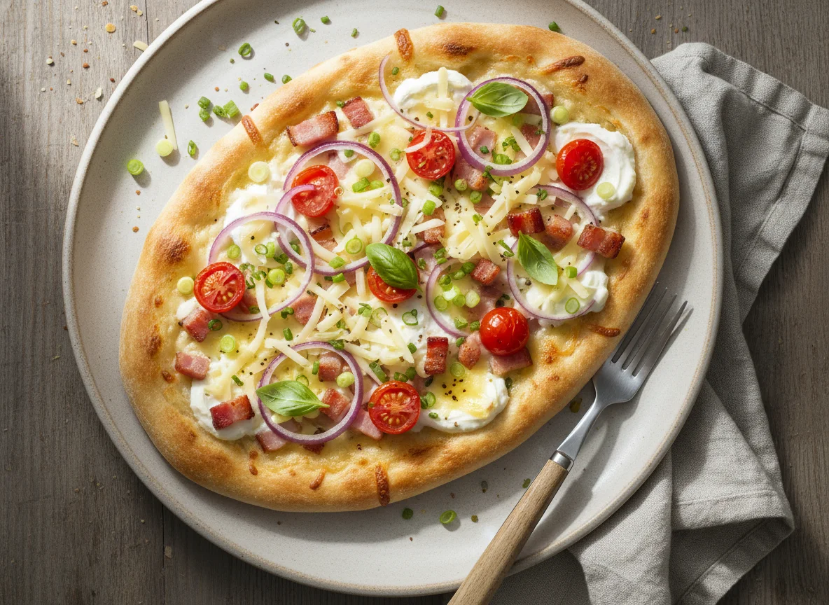 Flammkuchen mit verschiedenen Belägen photo