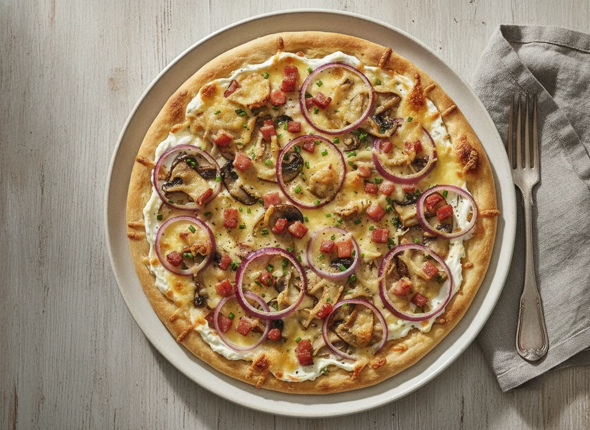 Flammkuchen mit Zwiebeln, Speck und Pilzen photo