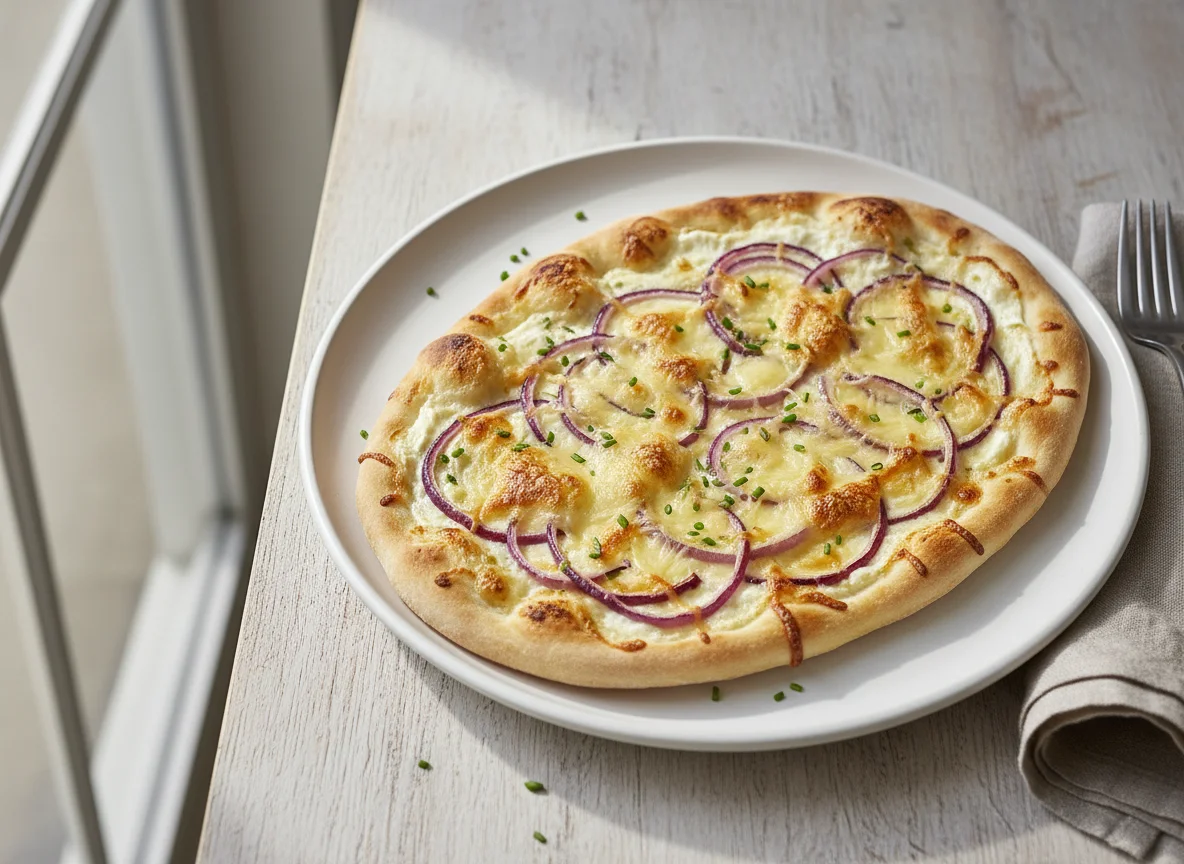 Flammkuchen mit Zwiebeln und Käse photo