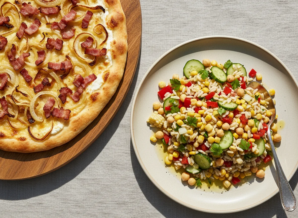Flammkuchen und Reissalat photo
