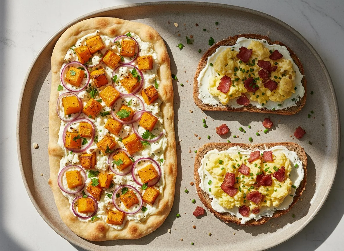 Flammkuchen und Rührei-Brot photo