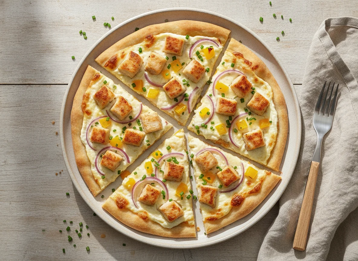Flammkuchen-Stücke mit Hähnchen und Zwiebeln photo
