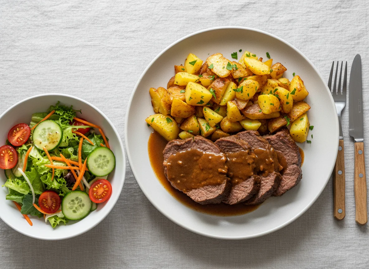 Fleisch mit Bratkartoffeln und Beilagensalat photo