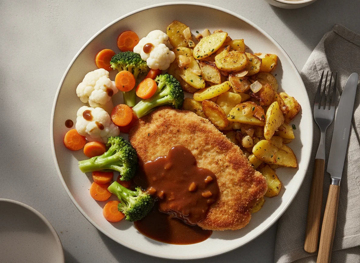 Fleisch mit Bratkartoffeln und Gemüse photo