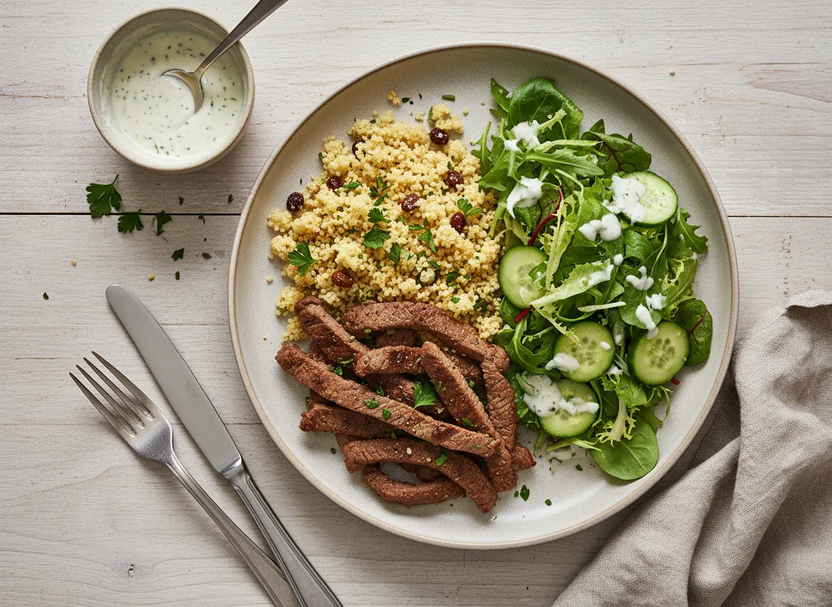 Fleisch mit Couscous und Salat photo