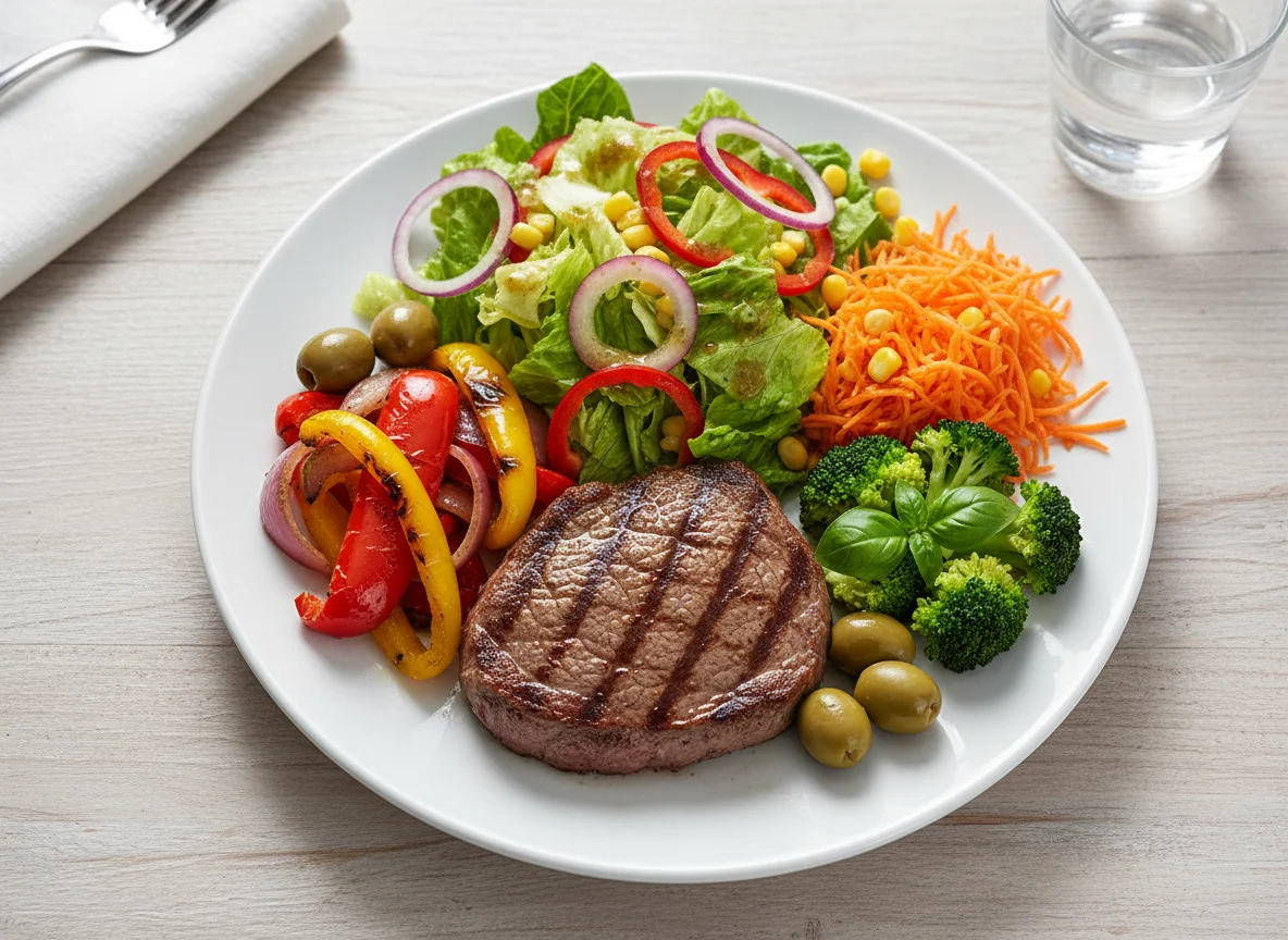 Fleisch mit gemischtem Salat und Gemüse photo