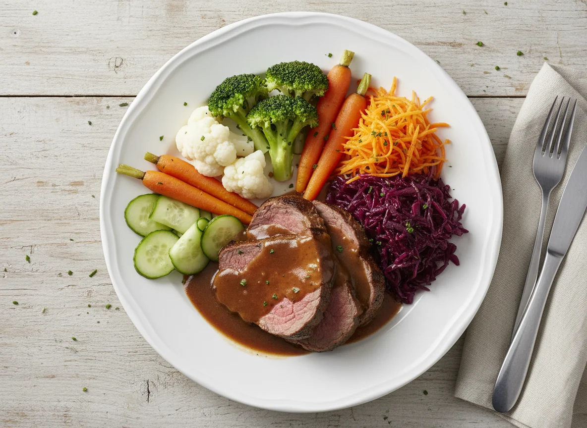 Fleisch mit Gemüsebeilagen photo