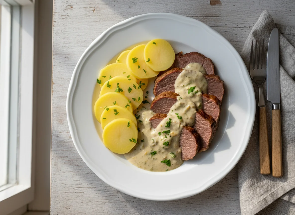Fleisch mit Kartoffel und Soße photo