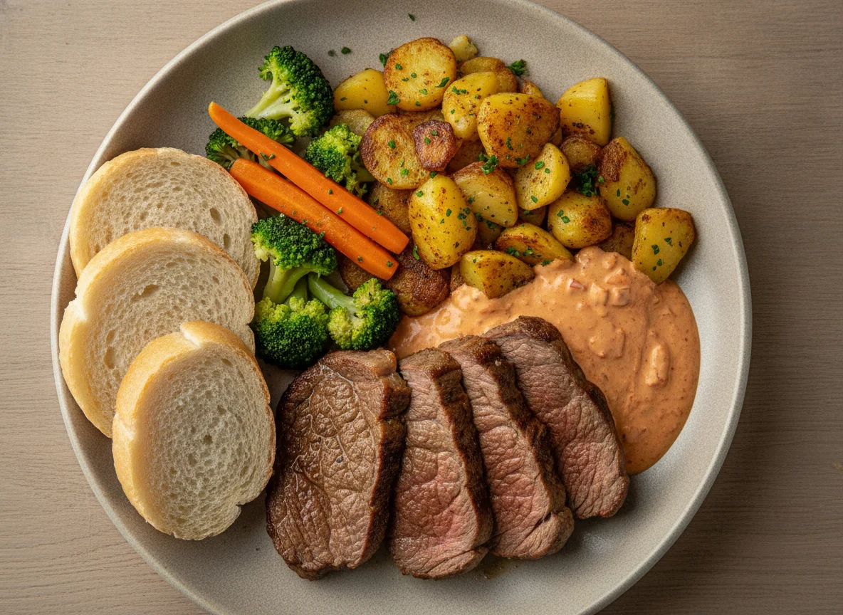 Fleisch mit Kartoffeln, Gemüse und Sauce photo