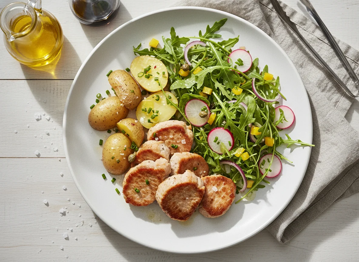 Fleisch mit Kartoffeln und Rucola-Salat photo